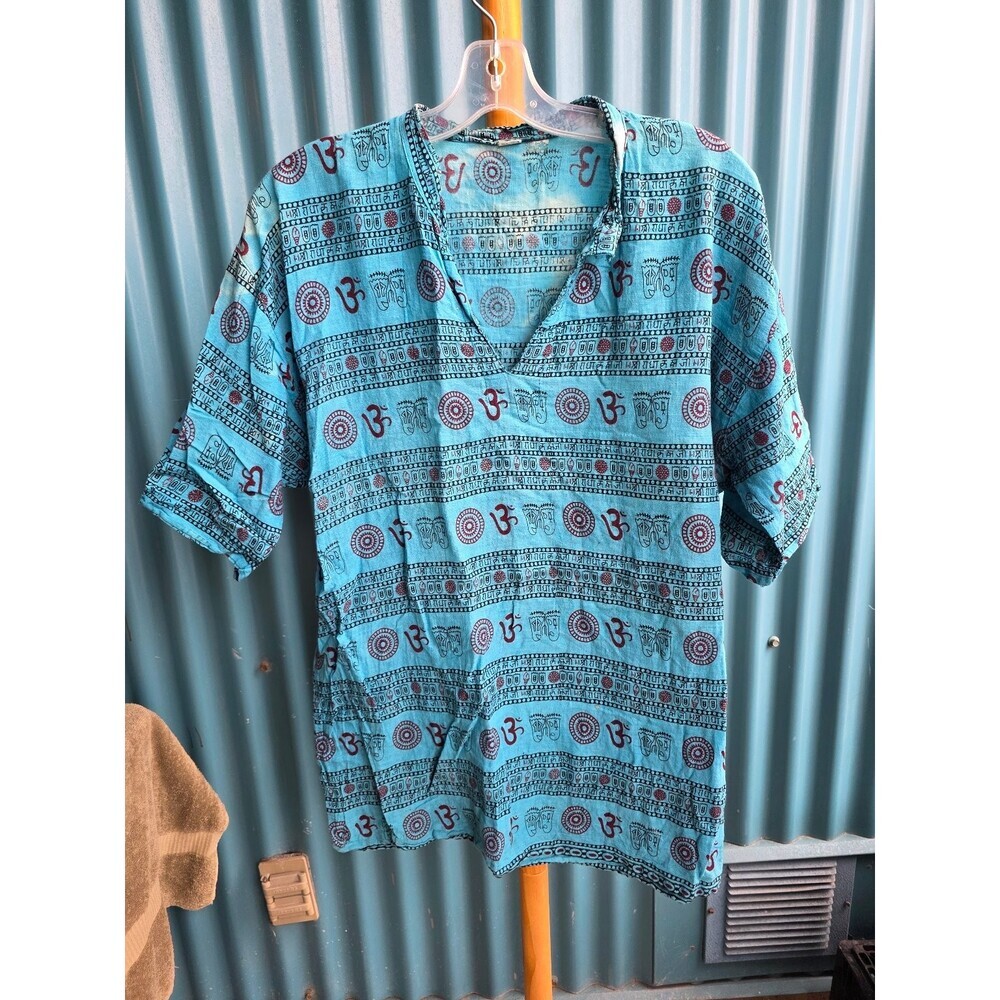 Men's T-Shirt Turquoise Om Symbol Footprint Pattern 100% Cotton V-Neck